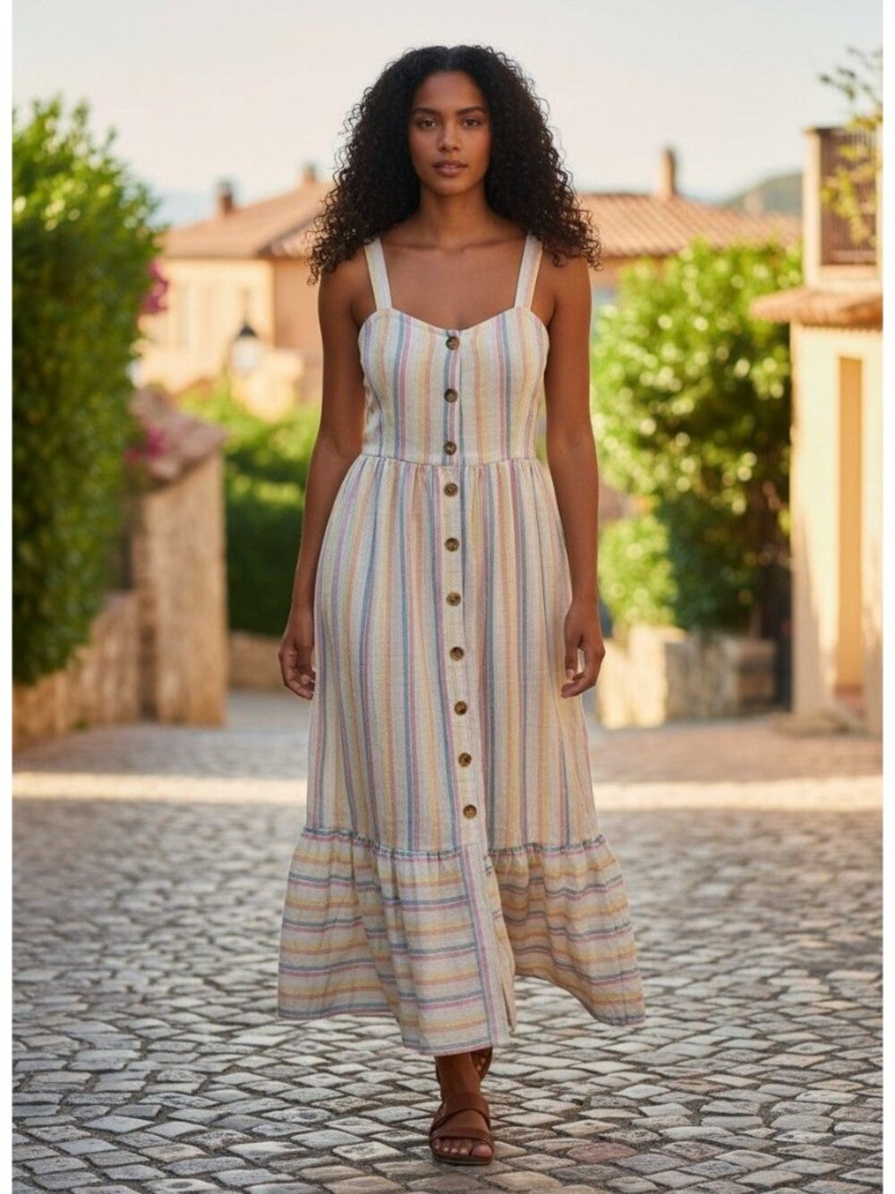 Nation AK Outfits Womens M Striped Maxi Dress Button Front Boho Sundress Strappy